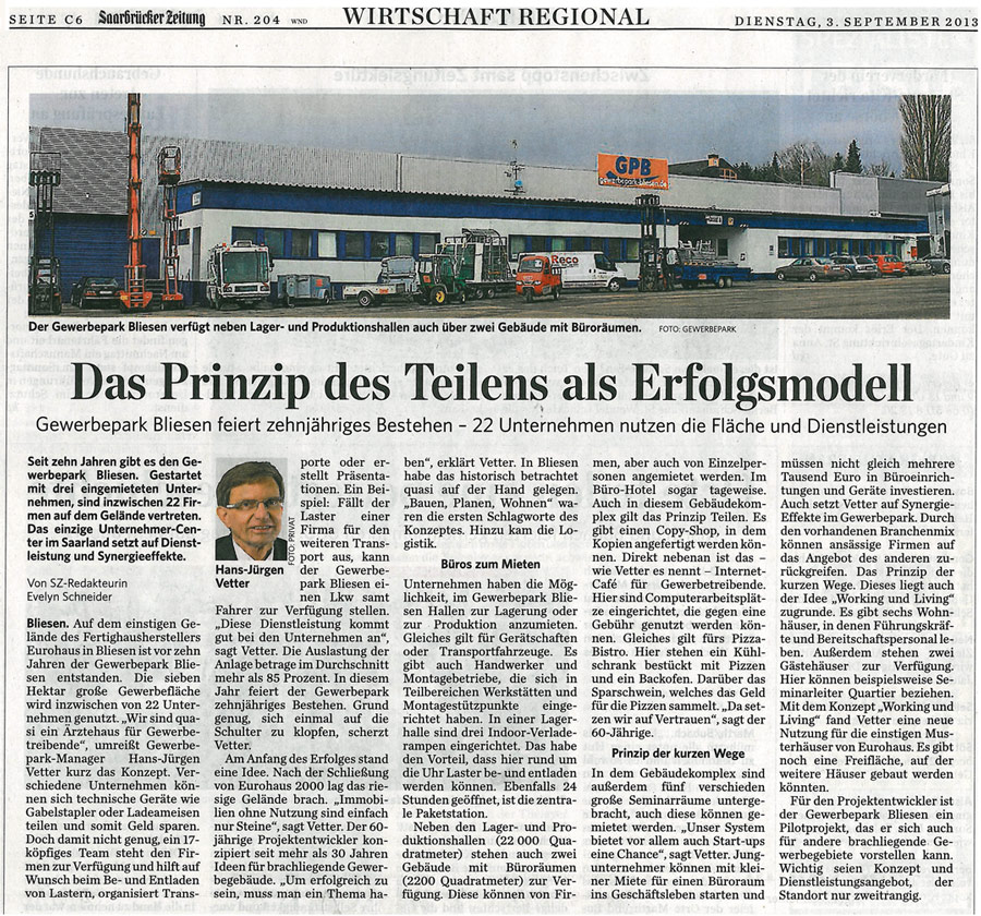 Saarbrücker Zeitung - Wirtschaft Regional - 10 Jahre Gewerbepark Bliesen